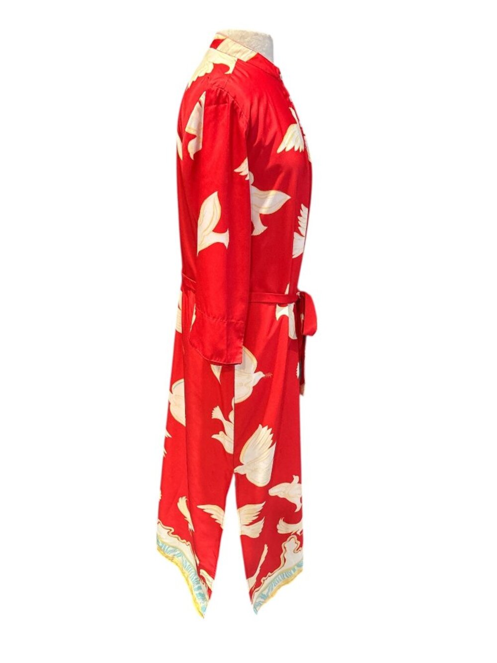 Moda Posa XL Red Bird Orint Maxi Dress Tue waist Mandarin Collar Boho Resort - Picture 5 of 11